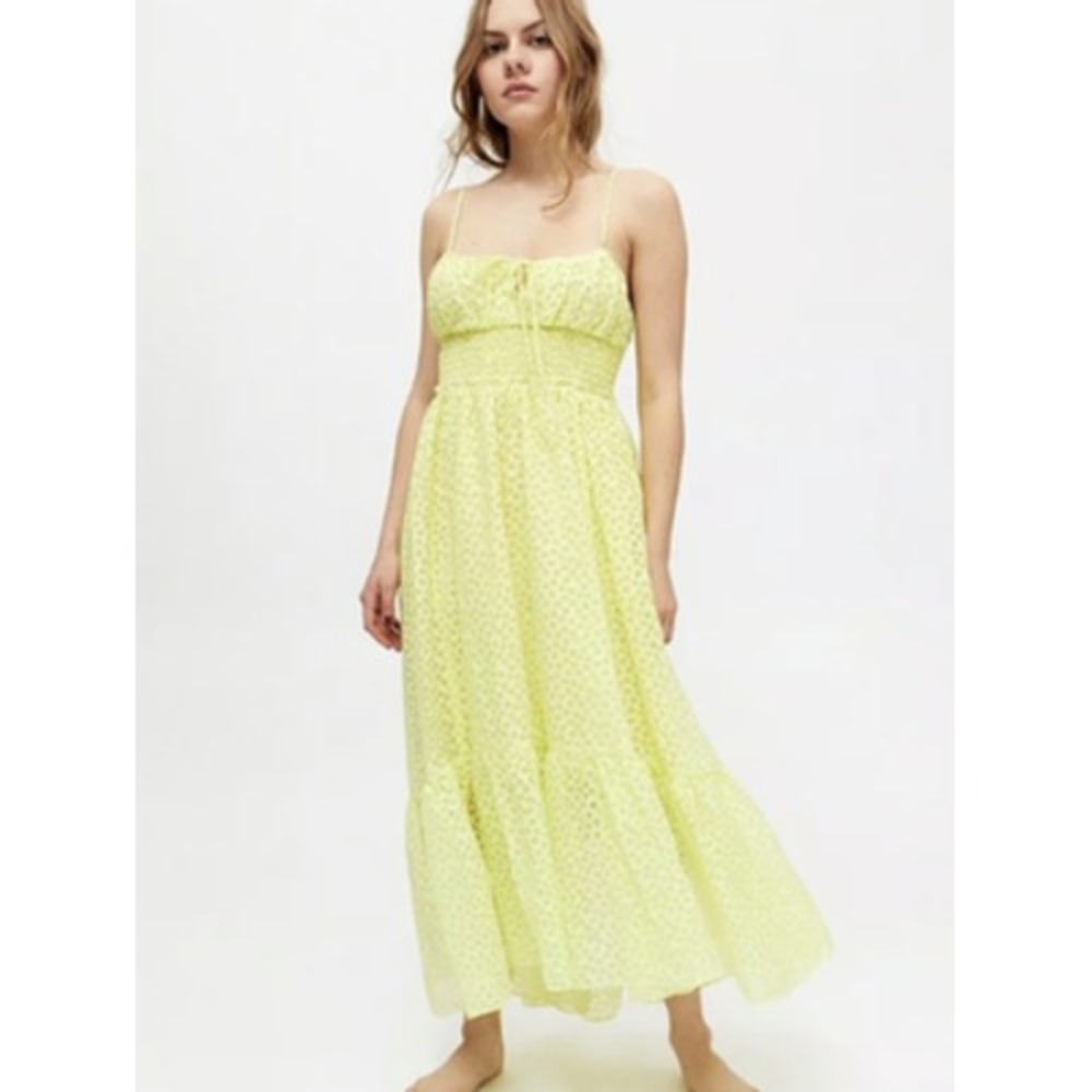 Urban Outfitters Maxi Dress Womens Small Yellow Floral Milkmaid Ruffle Tiered